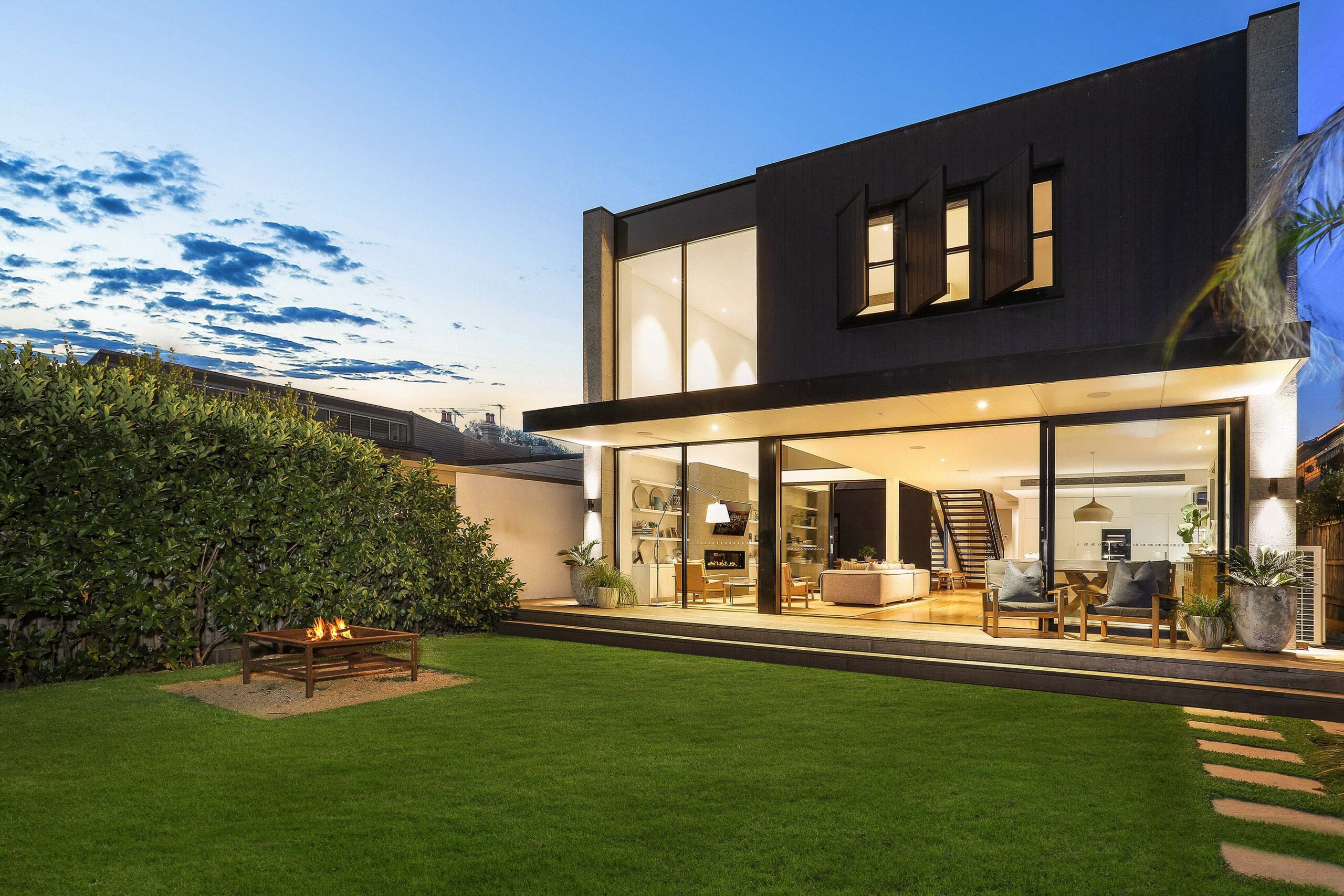 indoor outdoor living in randwick outdoor yard with firepit in contemporary house sydney